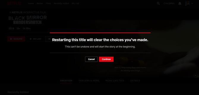 Netflix Black Mirror: مربع حوار إعادة تشغيل Bandersnatch