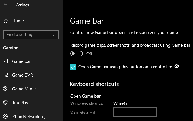 شريط لعبة Windows 10