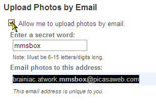 إرسال الصور الخاصة بك إلى ألبوم الويب بيكاسا الخاص بك مع البريد الإلكتروني يسمح بالتحميل
