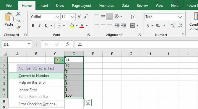 تحويل النص إلى رقم باستخدام التحذير الموضح في خلايا Excel.