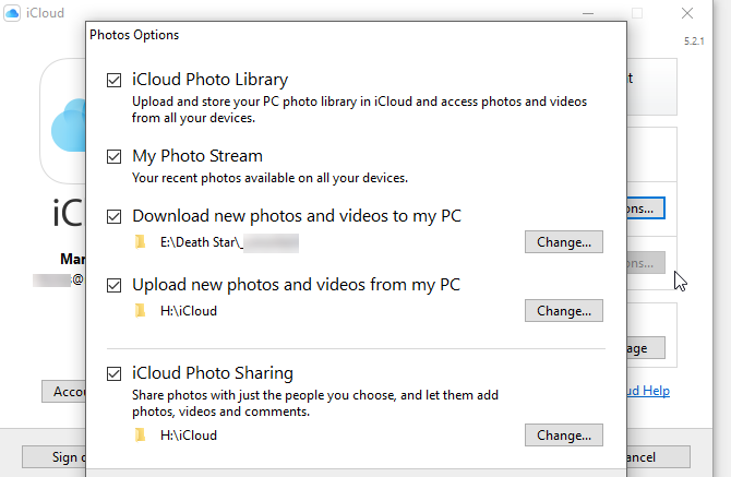 لقطة شاشة لخيارات iCloud في لوحة التحكم