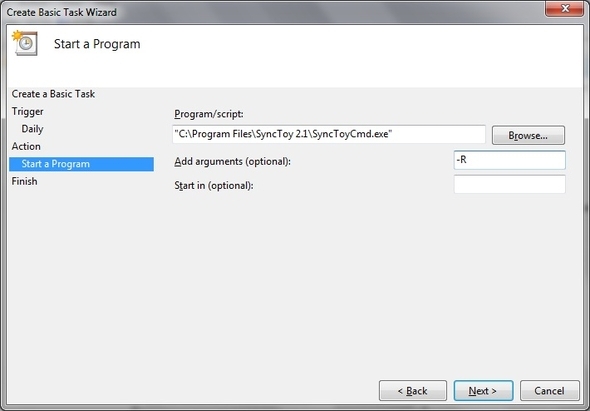 SyncToy: حل النسخ الاحتياطي والمزامنة البسيط من Microsoft [Windows] برنامج جدولة المهام إنشاء إجراء مهمة أساسية بدء برنامج تحديد موقع المجلد