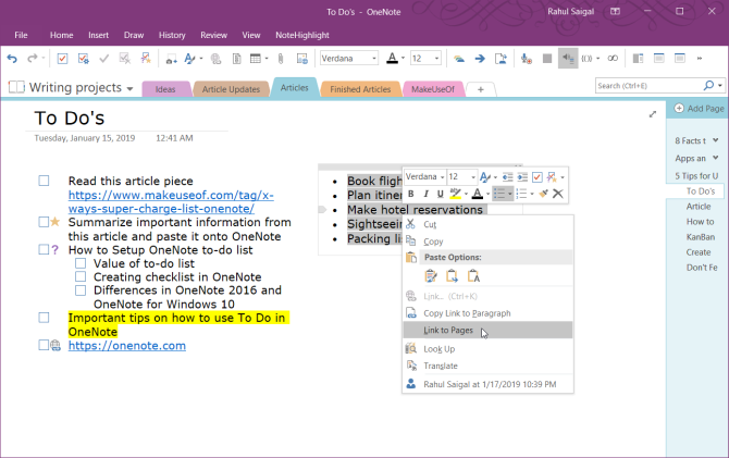 رابط إلى صفحات في OneNote 2016