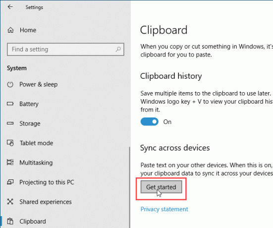 انقر على بدء الاستخدام تحت المزامنة عبر الأجهزة الخاصة بحافظة Windows 10