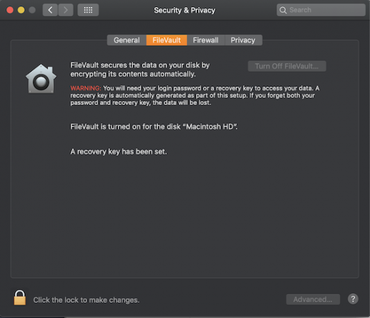 شاشة إعدادات filevault