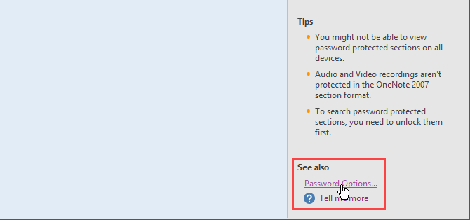 انقر فوق خيارات كلمة المرور في OneNote 2016