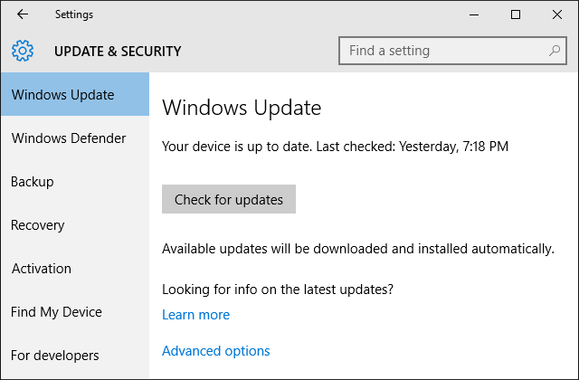 إعدادات Windows 10 Windows Update