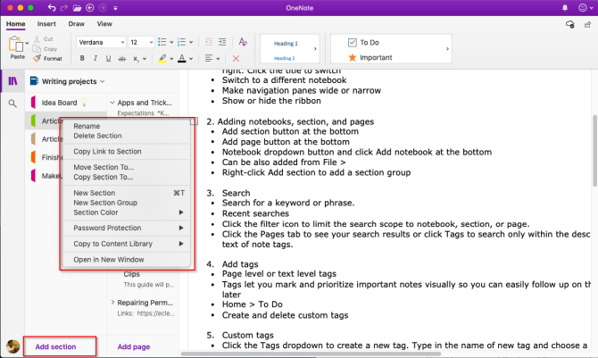 إضافة قسم إلى OneNote Mac