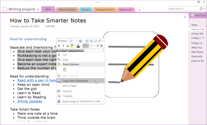 انسخ الرابط للفقرة في OneNote