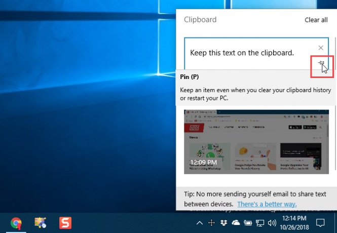 تثبيت عنصر في الحافظة في نظام التشغيل Windows 10