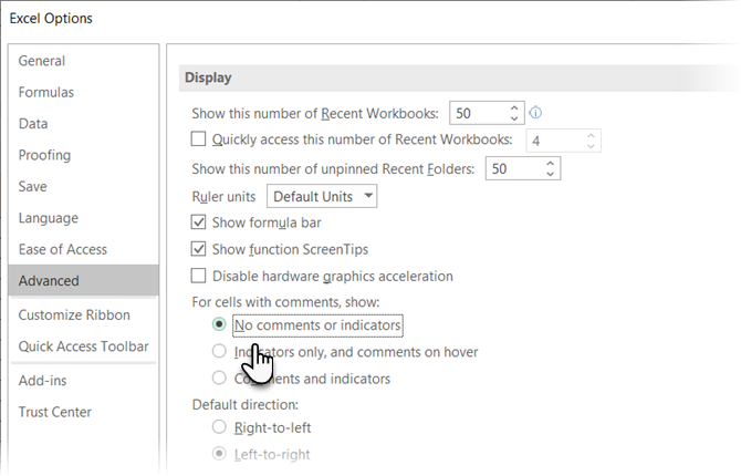 إخفاء التعليقات والمؤشرات في Excel